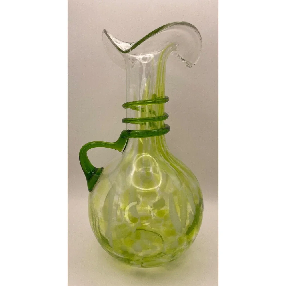 Vintage Murano Style Green Vase/Pitcher with Ruffled Lip & Bulb Base With Handle